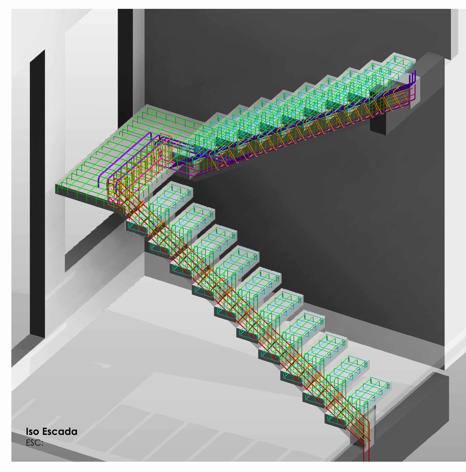 Escada em concreto armado com a armadura modelada em 3D, cores por bitola