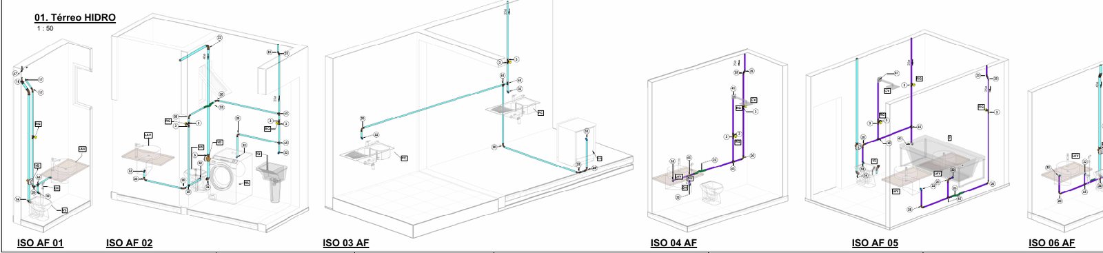 Isométricos de água fria por ambiente