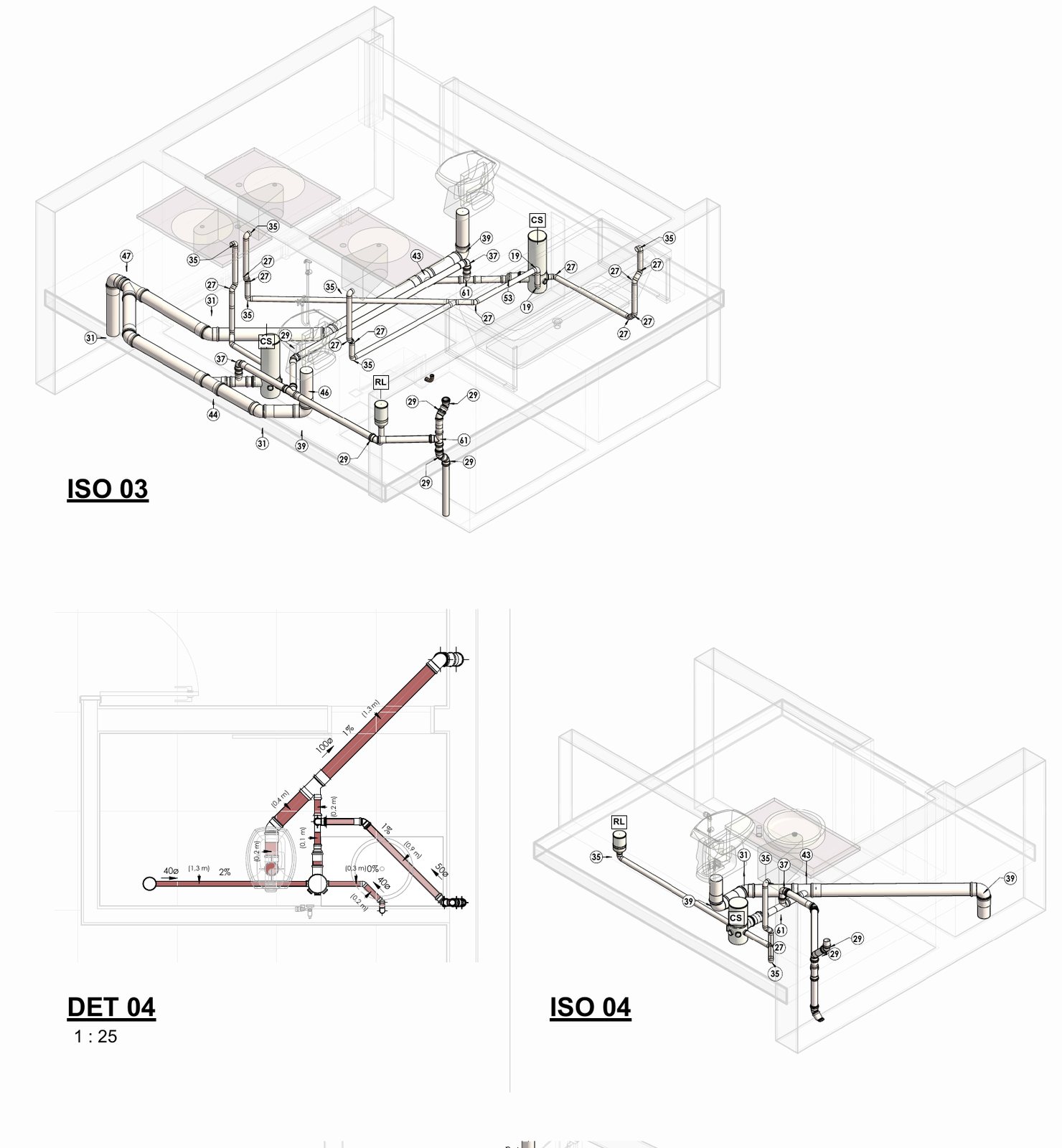 Isométricos e detalhes de esgoto