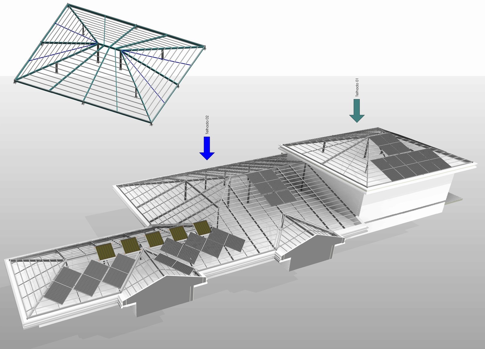 Modelo 3D dos telhados com a estrutura metálica e os painéis solares