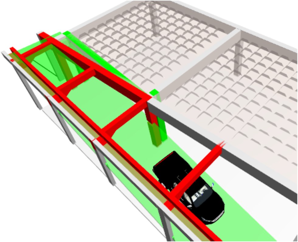 Proposta inicial, com os elementos a demolir em vermelho e a construir em verde